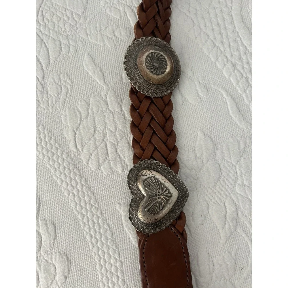 vintage BRIGHTON western CONCHO braided Leather 1991 Belt HEARTS 43908 Small